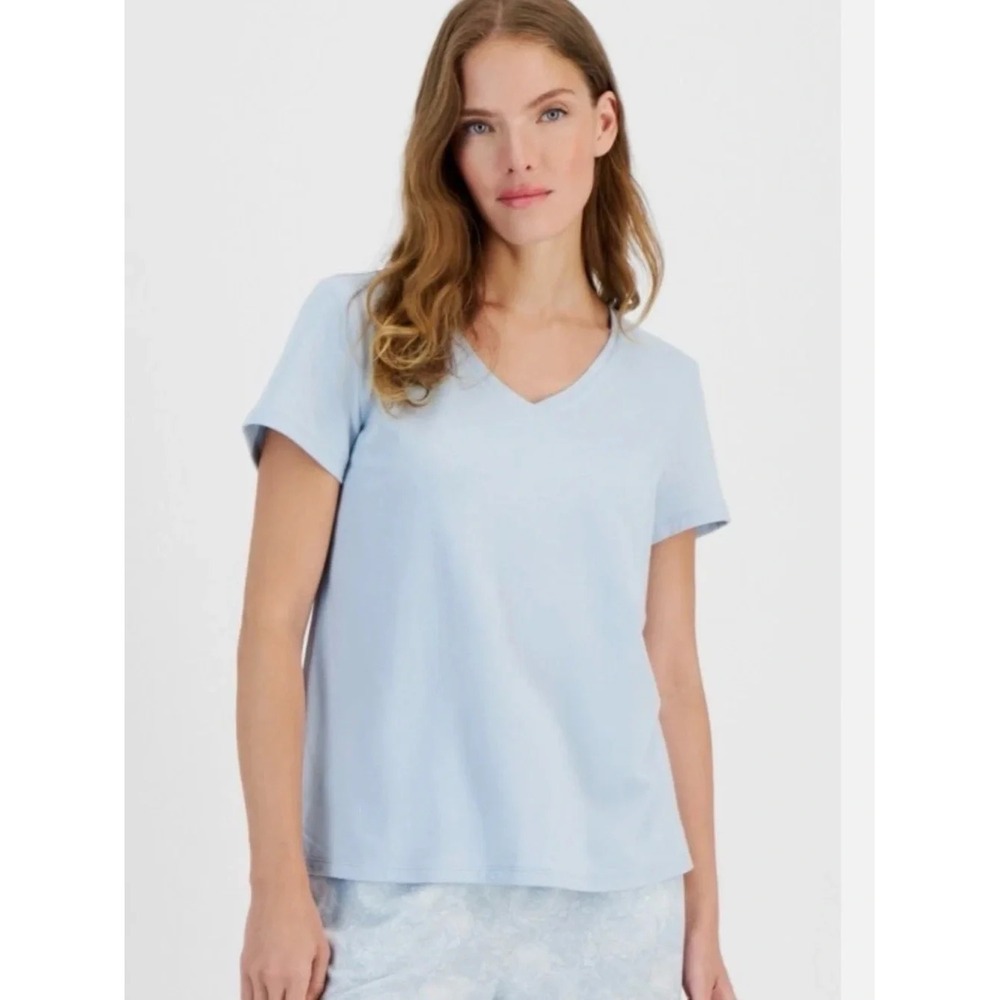 Charter Club Womens Size XS Solid V-Neck Short-Sleeve Sleepwear Top in Blue 233